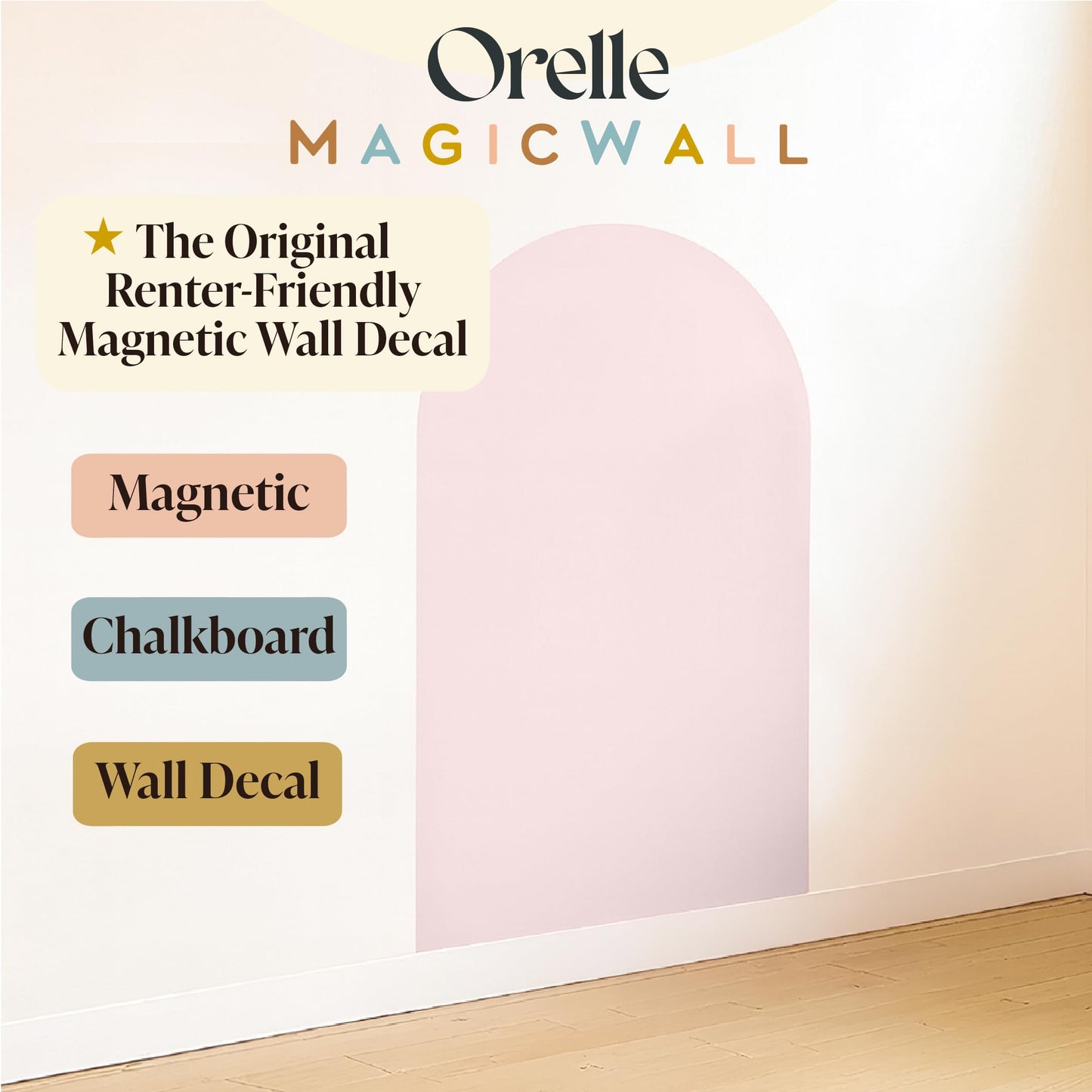 Orelle MagicWall - Adhesivo magnético para pared de arco, reposicionable y apto para inquilinos, pizarra magnética para pared de despegar y pegar, esencial para sala de juegos, incluye tiza y soporte