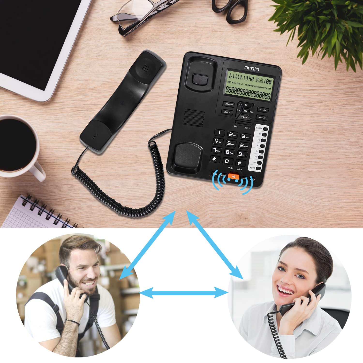 Sistemas de teléfono fijo de 2 líneas Ornin para pequeñas empresas y hogar, solo teléfono de escritorio (negro)