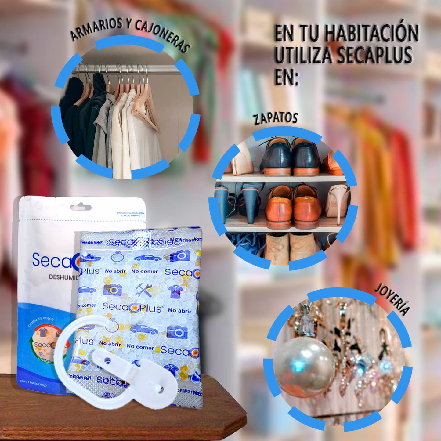 [1x150gr] Secaplus - Absorbedor de humedad en Closet y Armario con gancho, elimina olor a humedad