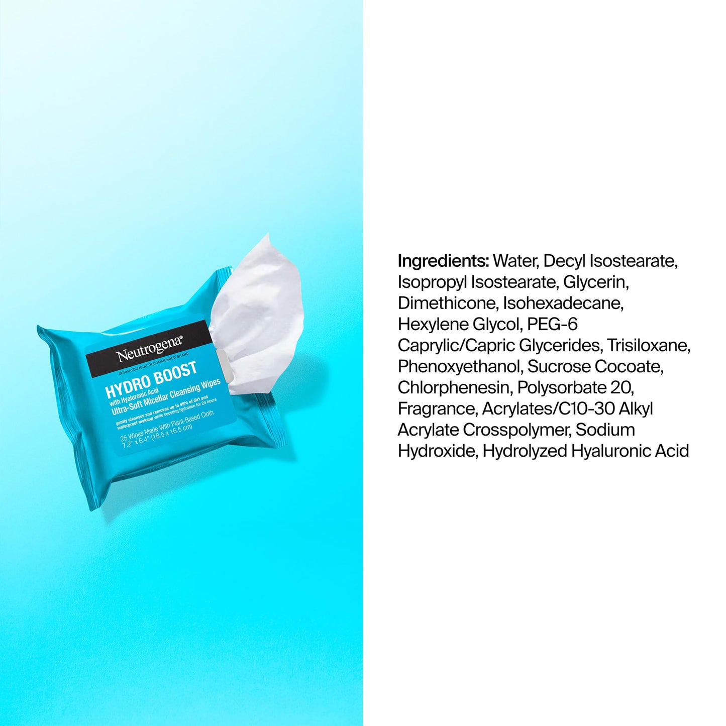 Neutrogena HydroBoost Facial Cleansing & Makeup Remover Wipes with Hyaluronic Acid, Hydrating Pre-Moistened Face Towelettes to Cleanse & Remove Dirt, Makeup & Impurities, Twin Pack, 25 ct
