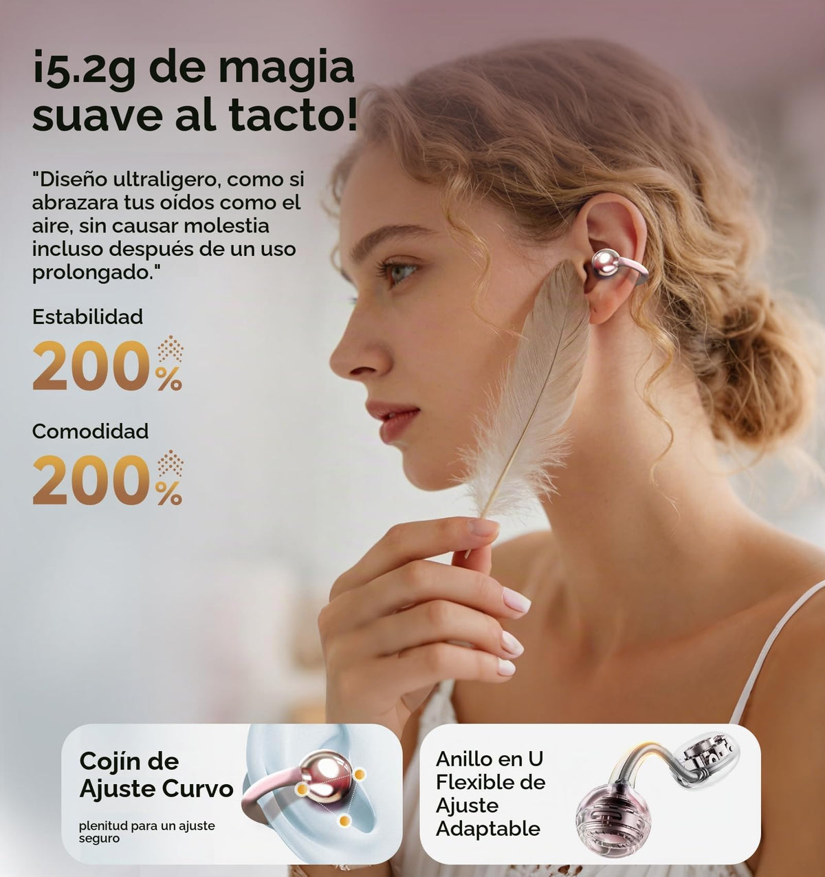Auriculares Kinglucky Gen 3 Inalámbricos Bluetooth 6.0 Negro con Micrófono y ENC para Usuarios de Orejas Pequeñas y Anteojos