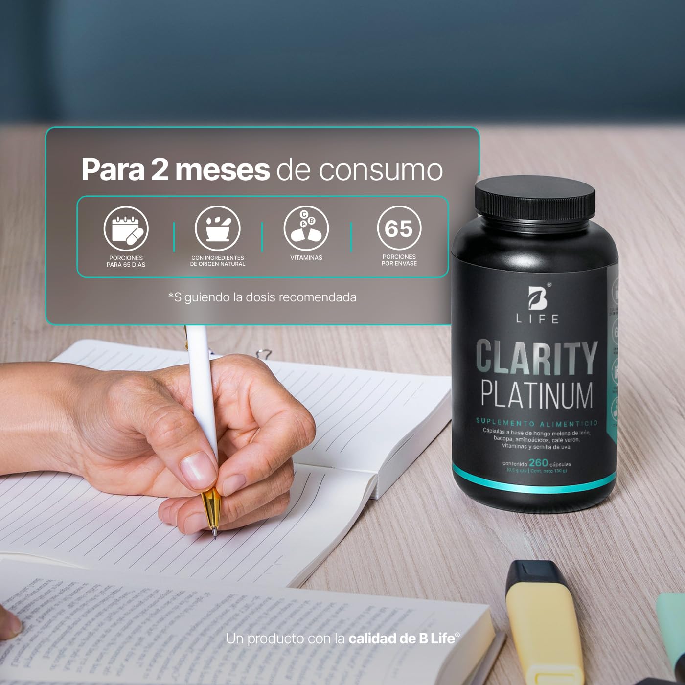 B Life Nootropico Clarity Platinum | 260 Cápsulas | Ingredientes naturales: Hongo Melena de León, Bacopa, Tirosina, Café Verde | Clarity Platinum.