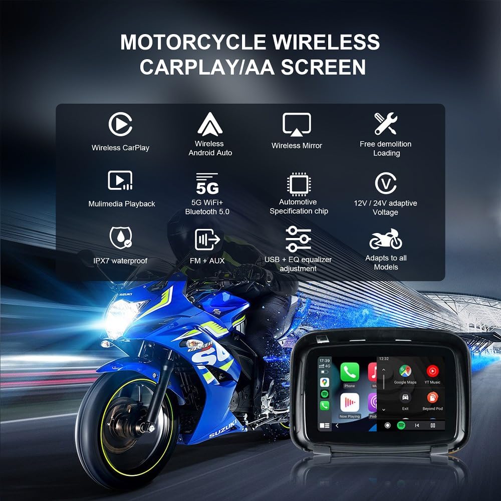 Sunweyer CarPlay portátil inalámbrico Android Auto para motocicleta, pantalla táctil impermeable IPX7 de 12.7 cm (5 pulgadas), navegación GPS automática, Bluetooth dual 5G, compatible con Siri/Google