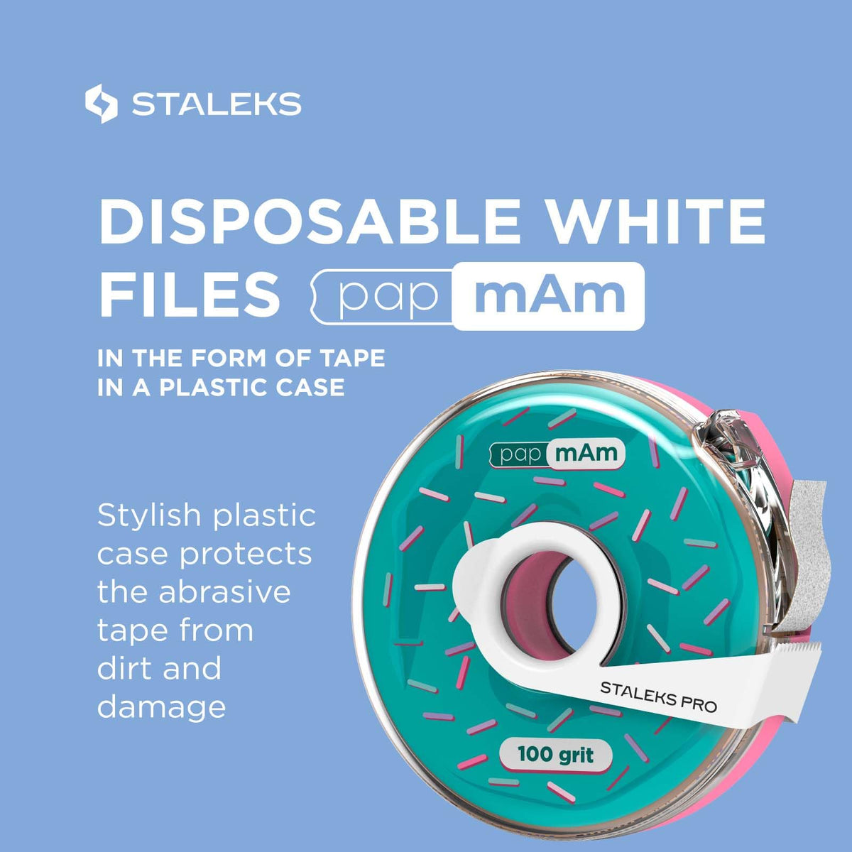STALEKS PRO Cinta adhesiva abrasiva blanca desechable papmAm Expert – Grano 100 – Rollo de 7m en estuche de plástico – Abrasivo reemplazable sin pegamento – Para dar forma profesional a las uñas