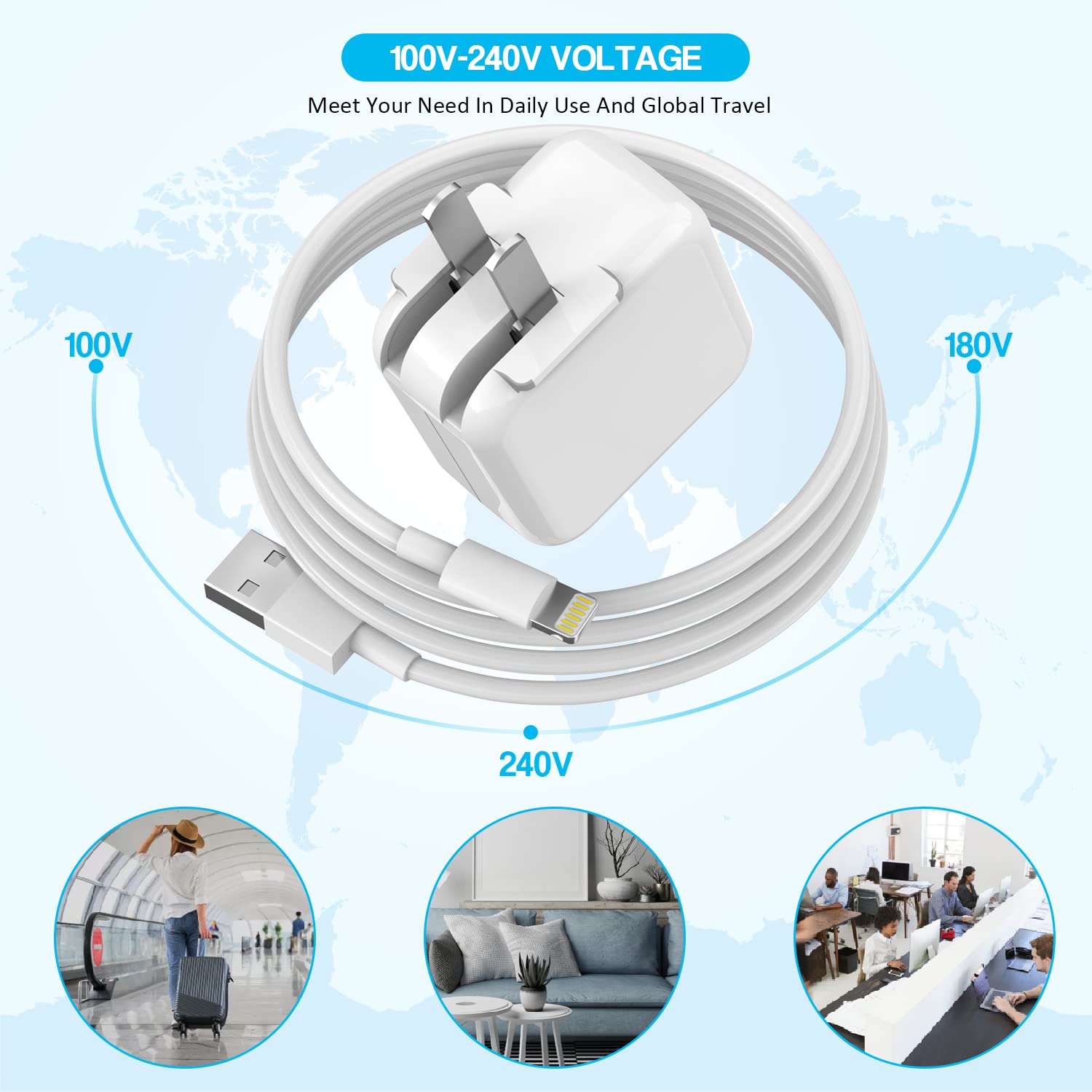 Cargador para iPad, [certificado por Apple MFI] Cargadores para iPad de 10 pies de largo, cable Lightning de carga rápida, cargador de pared USB, enchufe plegable para iPad7/8/9 generación, iPadAir