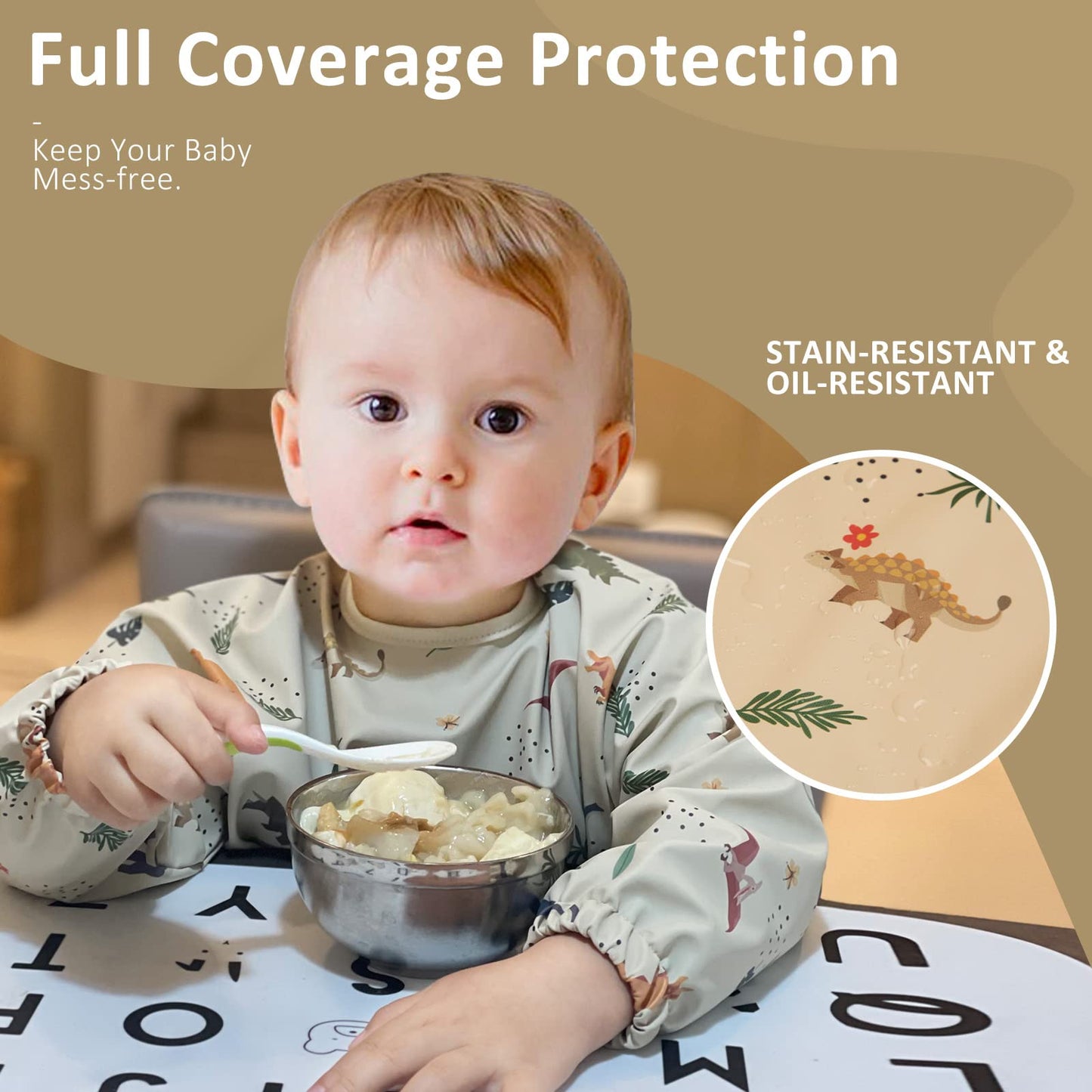 HALAA VAUVA Long Sleeve Baby Bibs for Toddlers, Waterproof, Mess Proof, Coverall, Easy Clean Outfit Baby Smock with Food Catcher Pocket for Feeding, Eating, Washable, Boys Girls Led Weaning Shirt Bib