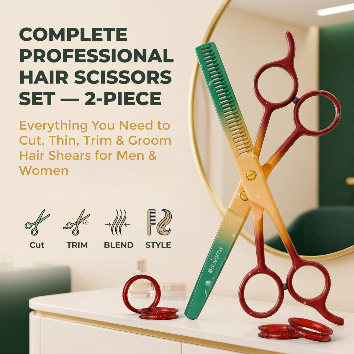 Suvorna Juego de tijeras de corte de pelo de 6,5 pulgadas con tijeras de adelgazamiento para peluquero y uso doméstico – Juego de tijeras de pelo para adelgazar y cortar (rojo, amarillo y verde)