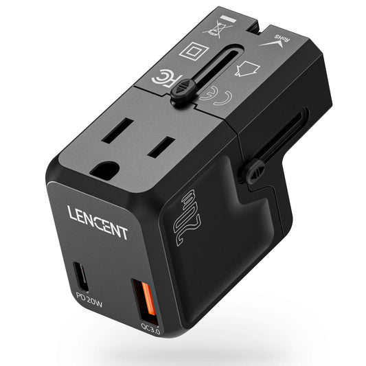 LENCENT Adaptador de Corriente de Viaje Internacional, Mini Cargador Todo en uno, PD 20W y QC 3.0 Tipo C, Adaptador de Enchufe Europeo, para México a Reino Unido, Japón, Europa, Enchufe Tipo A/I/G/C