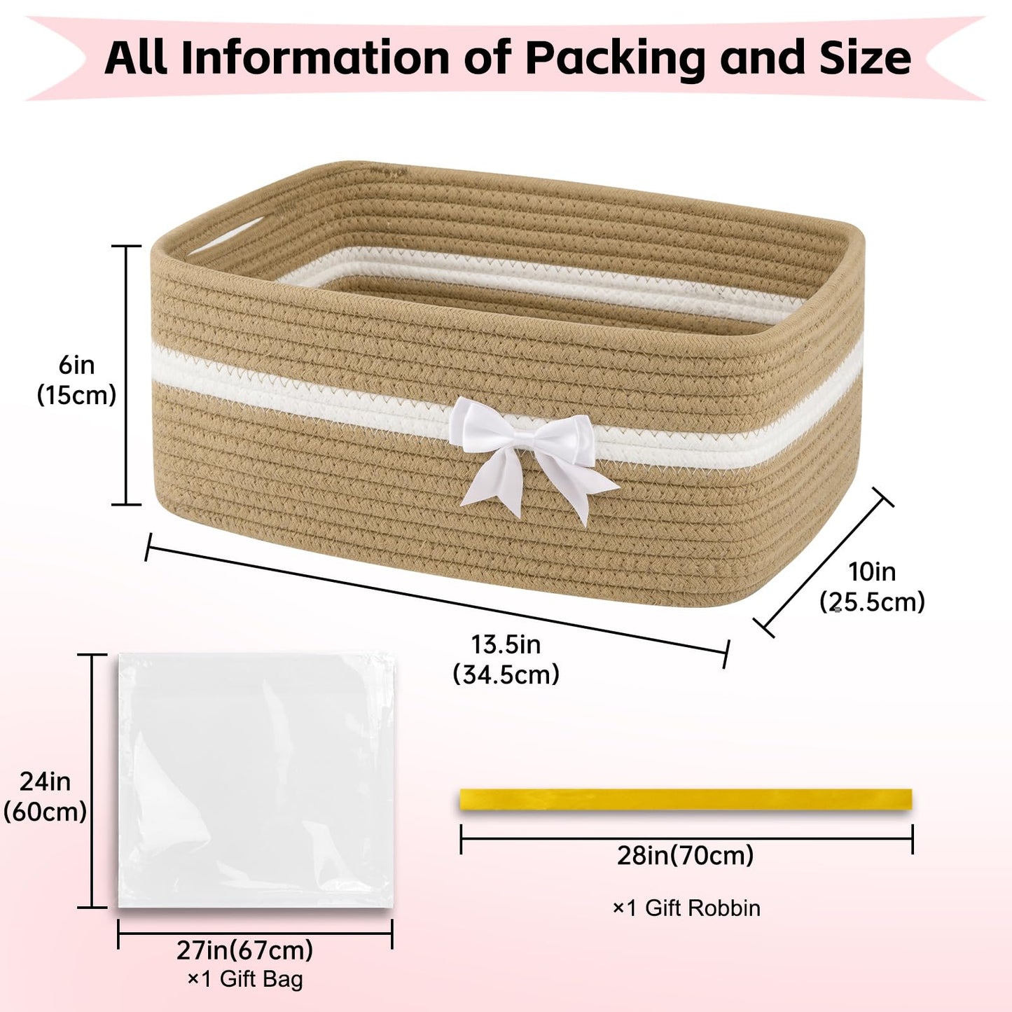 OIAHOMY - Cesta de almacenamiento tejida grande con asas para guardería, estantes de sala de estar, cesta de lazo para regalos vacía con bolsas de regalo y cintas para baby shower, contenedor de