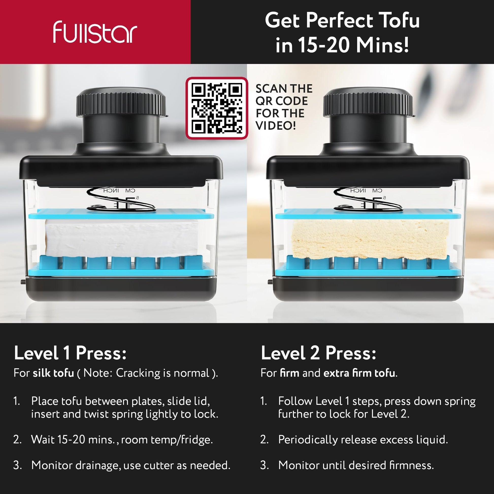 Fullstar - Prensa y cortador de tofu 2 en 1, apto para lavaplatos, sin BPA, caja de prensa para tofu extra firme y sedoso (azul)