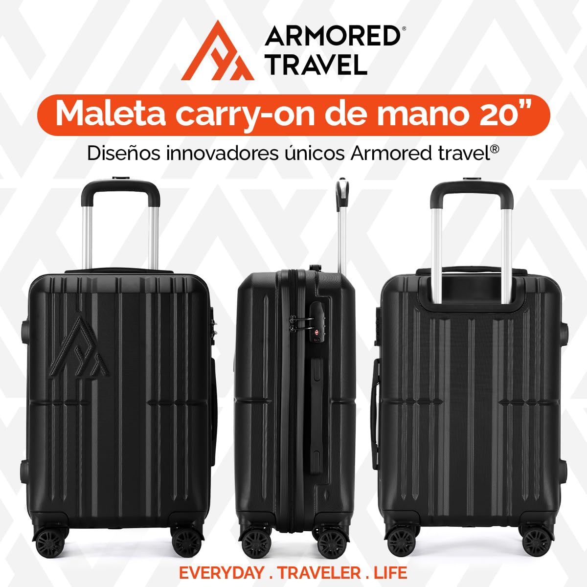 Maleta De Viaje Carry On 20" de Mano Cabina 10kg Rígida Doble Refuerzo Con * TSA Lock * Luggage suitcase Armored Travel (Negro)