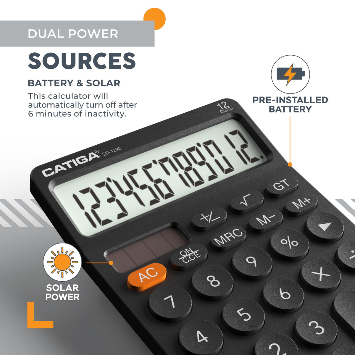 Calculadora Catiga LCD Grande 12 Dígitos Solar Batería para Oficina y Hogar