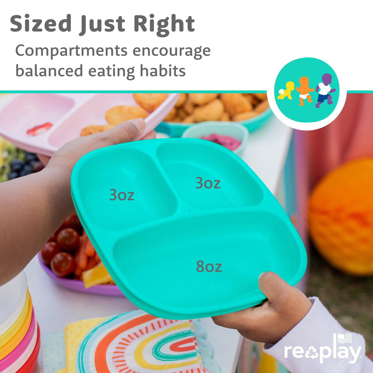 Re-Play 3 platos divididos para niños, 3 utensilios y 3 cuencos de base ancha, aptos para lavaplatos y microondas, fabricado en Estados Unidos, Aqua Asst