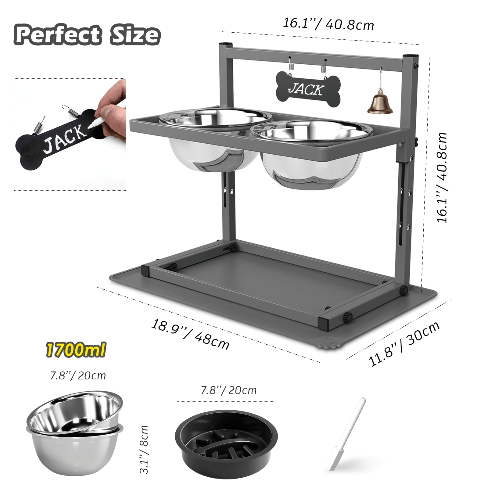 Soporte de Tazón SHAINFUN con Cuencos de Acero Inoxidable 1700 ml y Comedero Ajustable y Elevado para Perros