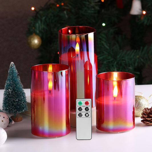 Eywamage - Juego de 3 velas led de vidrio rojo sin llama con control remoto, batería parpadeante