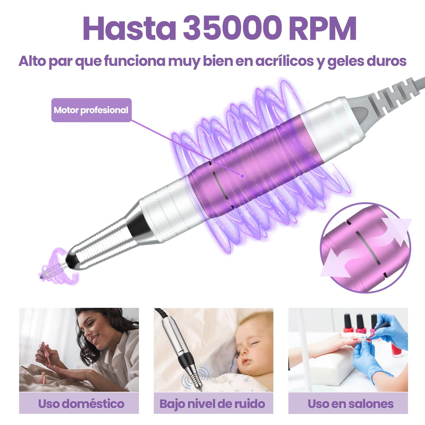 Delanie - Drill para Uñas Profesional 35000 RPM, Taladro para Uñas de Acrílico y Gel, Lima de Uñas Eléctrica Recargable, Máquina de Uñas de uso Salón (Morado)