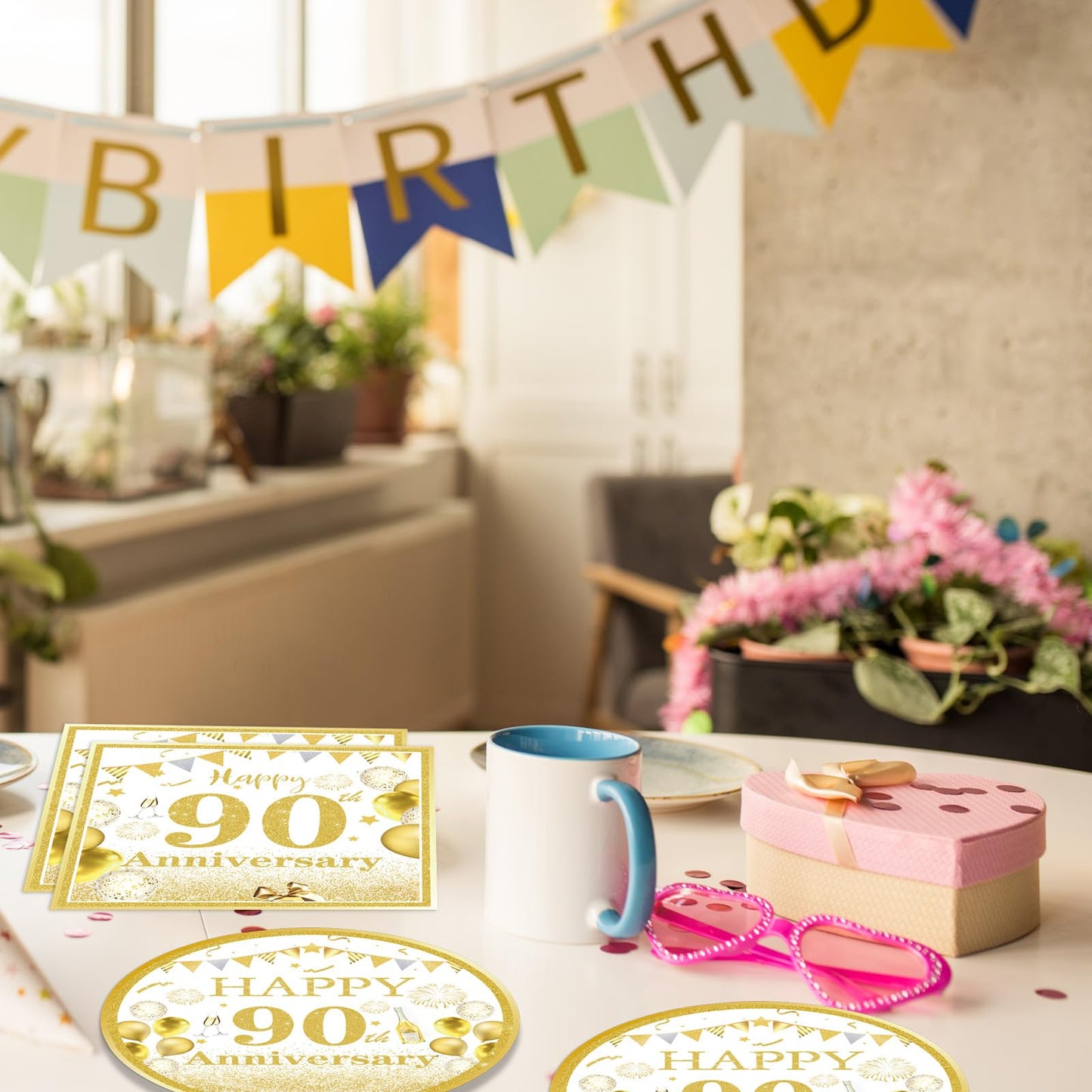 Juego Decoraciones Doradas Fiesta 90 Años Cumpleaños Aniversario Mujer Hombre
