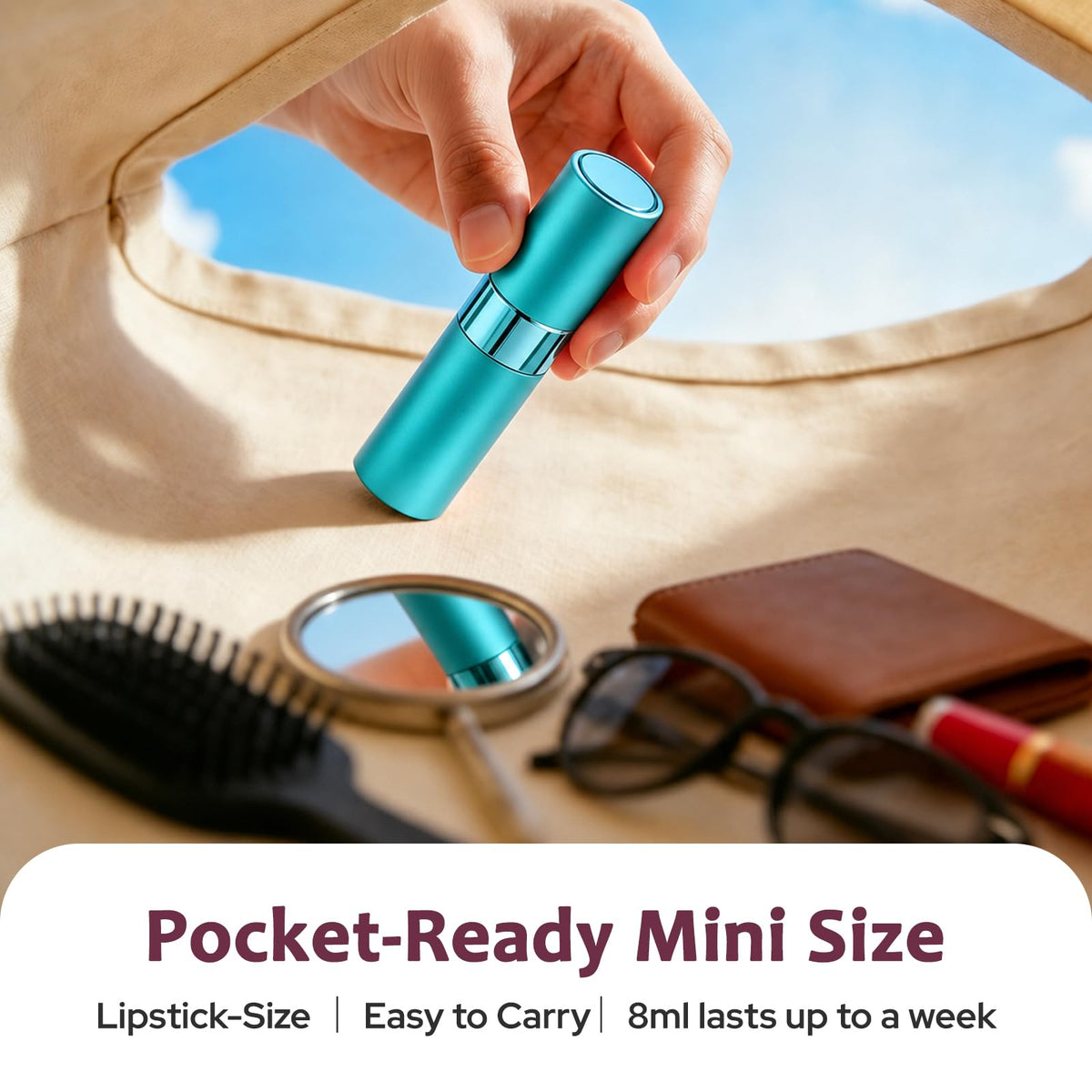 Lisapack - Botella atomizadora de perfume de 8 ml para viajes, dispensador de colonia recargable vacía, pulverizador portátil (cian)