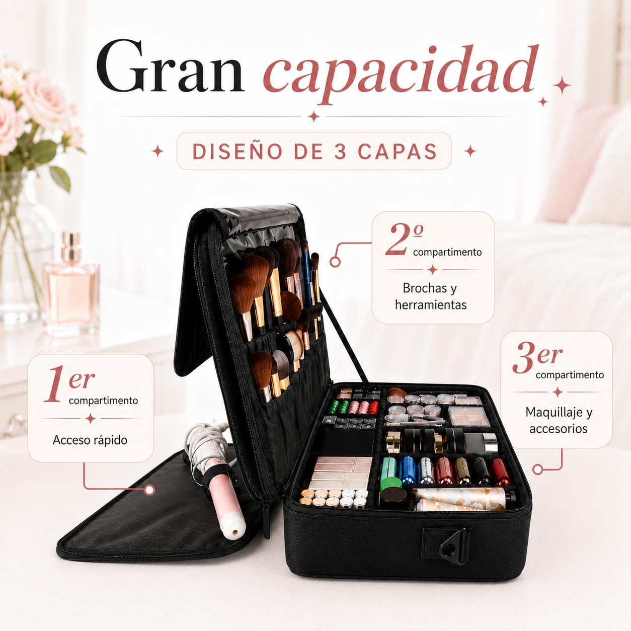Estuche de Maquillaje 43x31x17cm, Bolsa para Maquillaje, Cosmetiquera para Maquillaje, XL Grande de Viaje 3 Capas con Espejo, Impermeable con Divisor Ajustable, para Pinceles y Herramientas de Belleza