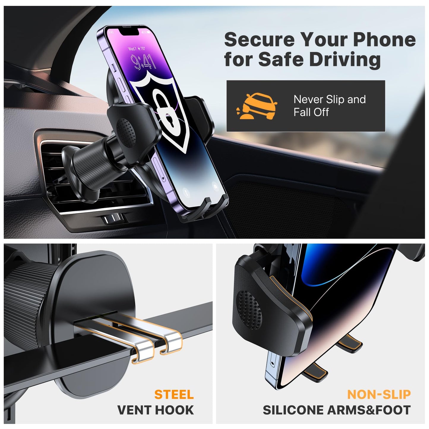 Soporte Celular Miracase Negro con Gancho Metálico para Auto 2025 para iPhone, Huawei, Motorola, Xiaomi