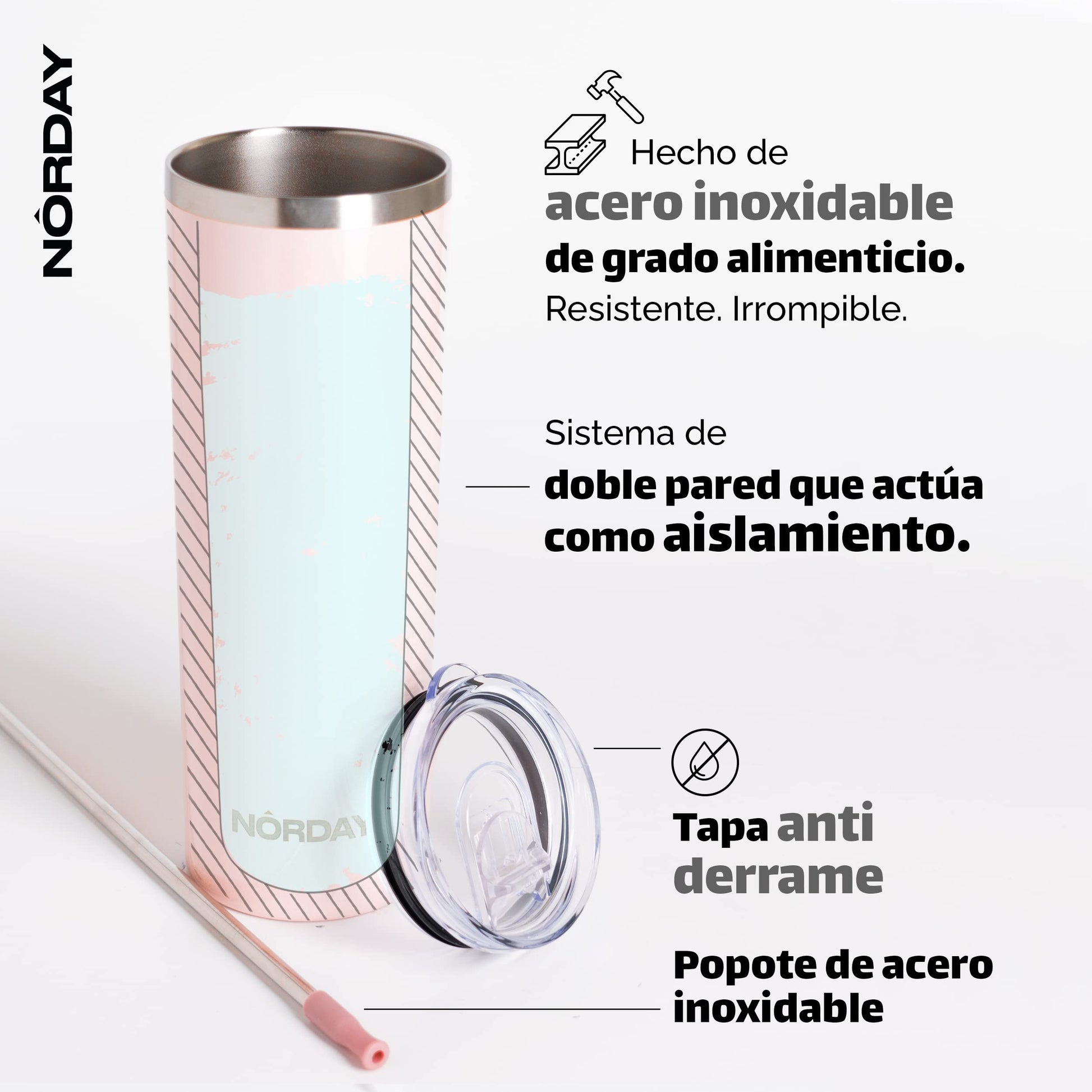 Vaso Térmico Norday Blush Antiderrame Doble Pared de Acero Inoxidable para Viaje 22 oz
