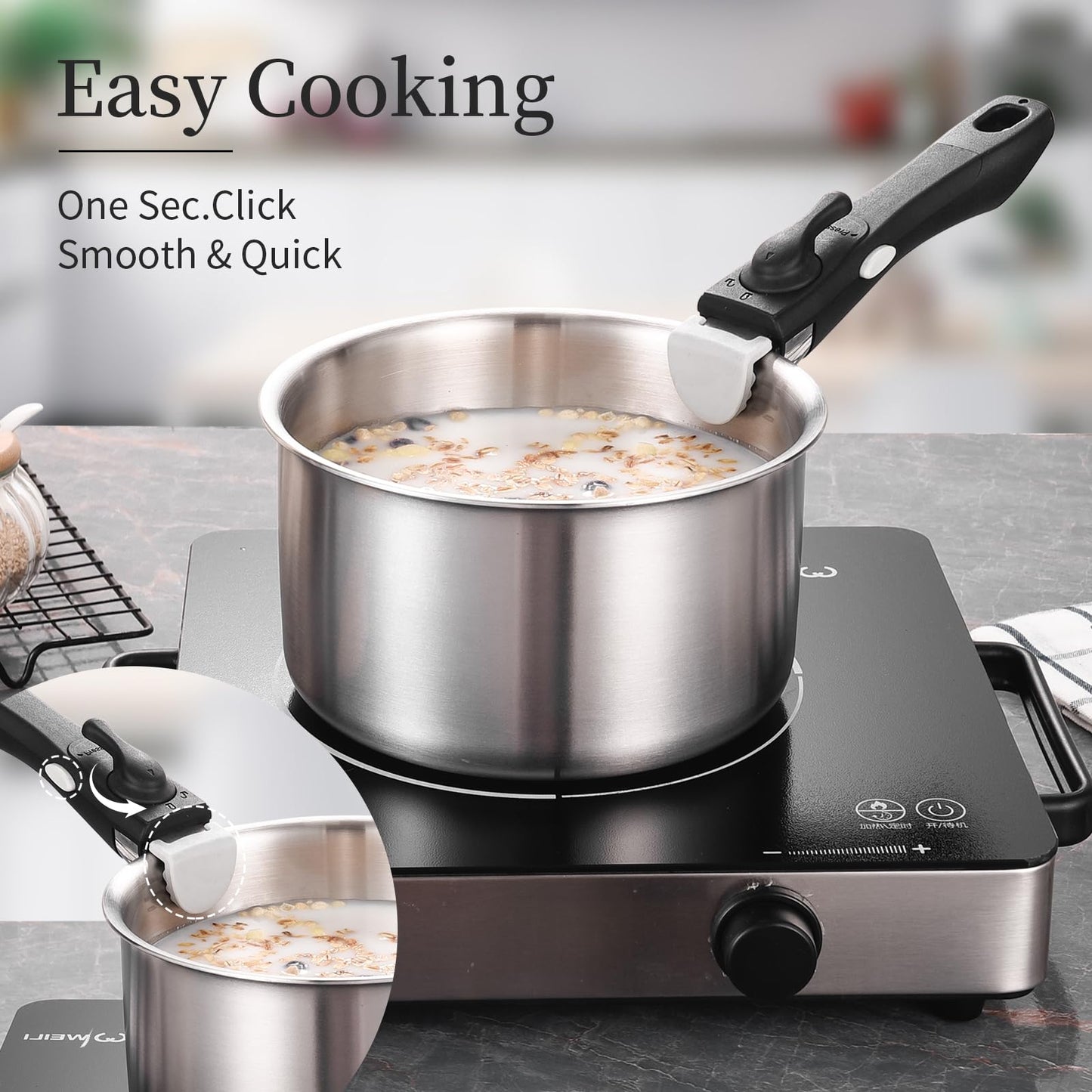 INQIBEE-El set de sartenes de acero inoxidable tricapa, apto para inducción, ideal para hogar y camping en RV, con asa desmontable para utensilios de cocina, apto para lavavajillas y horno.