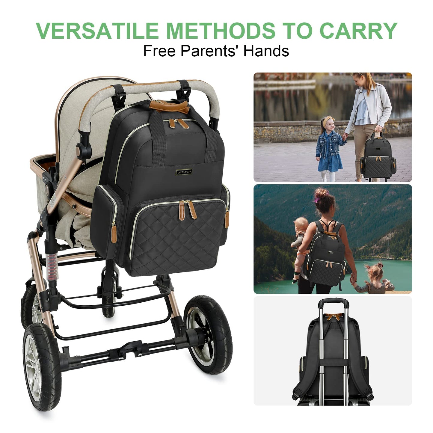 WITSTEP - Mochila para pañales con estación de cambio, organizador de pañales para bebés, para mamás, papás, bolsas grandes para cambiar de bebé, Negro, Medium-Large, Bolsa de pañales con cambiador