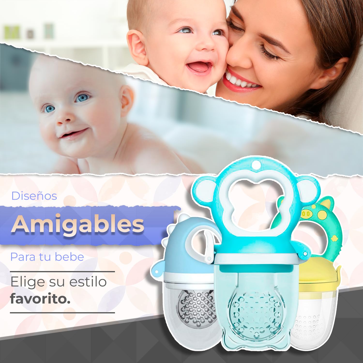 Chupones alimentadores para frutas y papillas con tapa libre de bpa, dibujos animados, 4m+ 3 piezas (dino azul / monkey azul / pig verde amarillo)