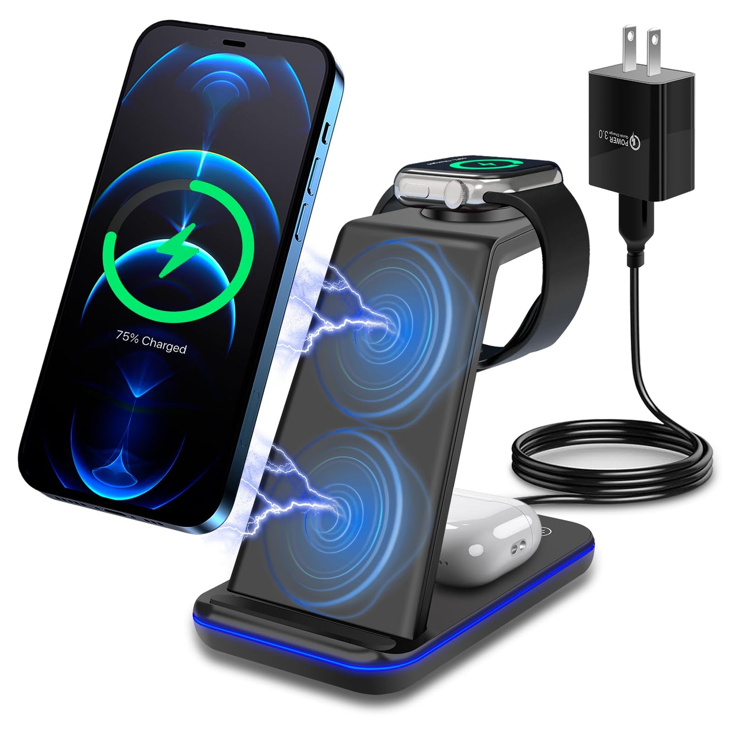 Lostrain Cargador Inalámbrico 3 en 1,Estación de Carga inalámbrica con 18W Qi Carga para iPhone 15/14/13/12/11/XR/XS/8,Huawei,Xiaomi,Airpods 3/2/Pro,Soporte de Carga con Multi-Protección