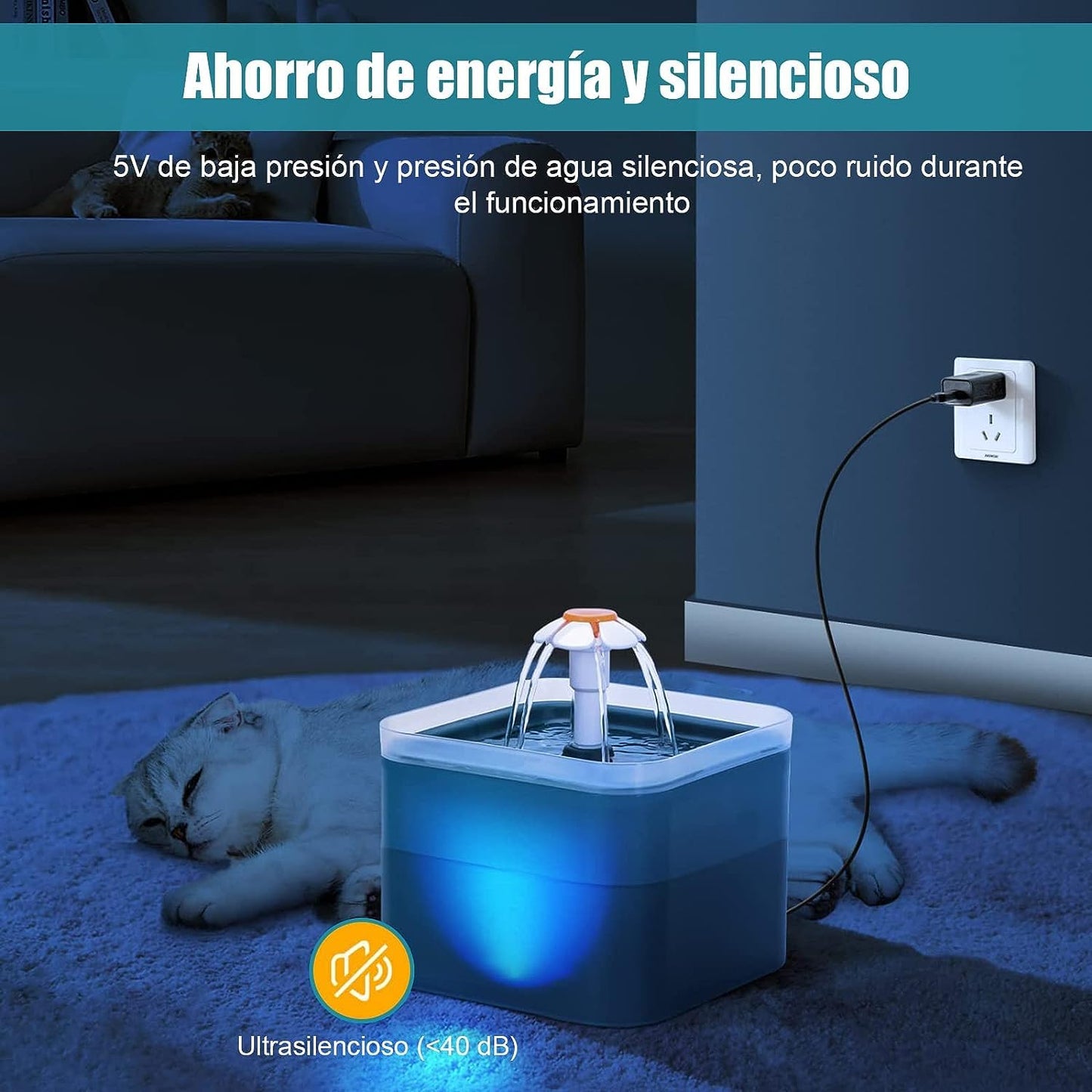 Bebedero para Gatos, 2L Fuente para Gato Y Perro con Filtro, Fuente Silencioso para Mascotas, con LUZ en Noche, para Gatos, Perros y Múltiples Mascotas