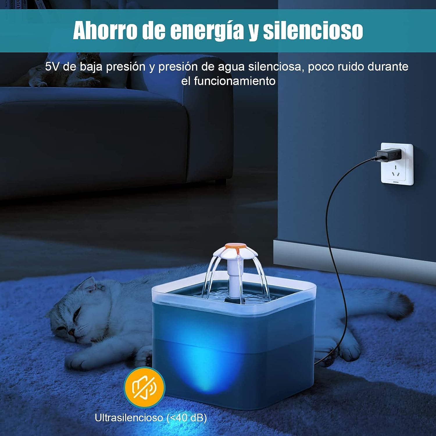 Bebedero para Gatos, 2L Fuente para Gato Y Perro con Filtro, Fuente Silencioso para Mascotas, con LUZ en Noche, para Gatos, Perros y Múltiples Mascotas
