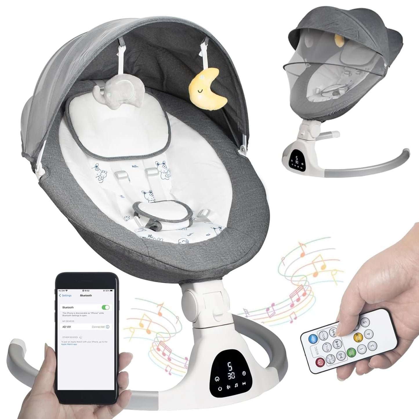 Mecedora Electrónica con Pantalla Digital y Control Inteligente de 5 Velocidades para Bebé