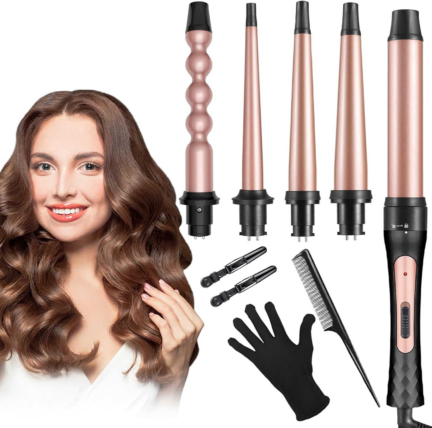 Rizador de Pelo 5 en 1 con Guantes y Peines - Calentamiento Instantáneo - Herramientas de Peinado Profesionales - Pelo Largo y Corto - Ceramicas - Color Oro