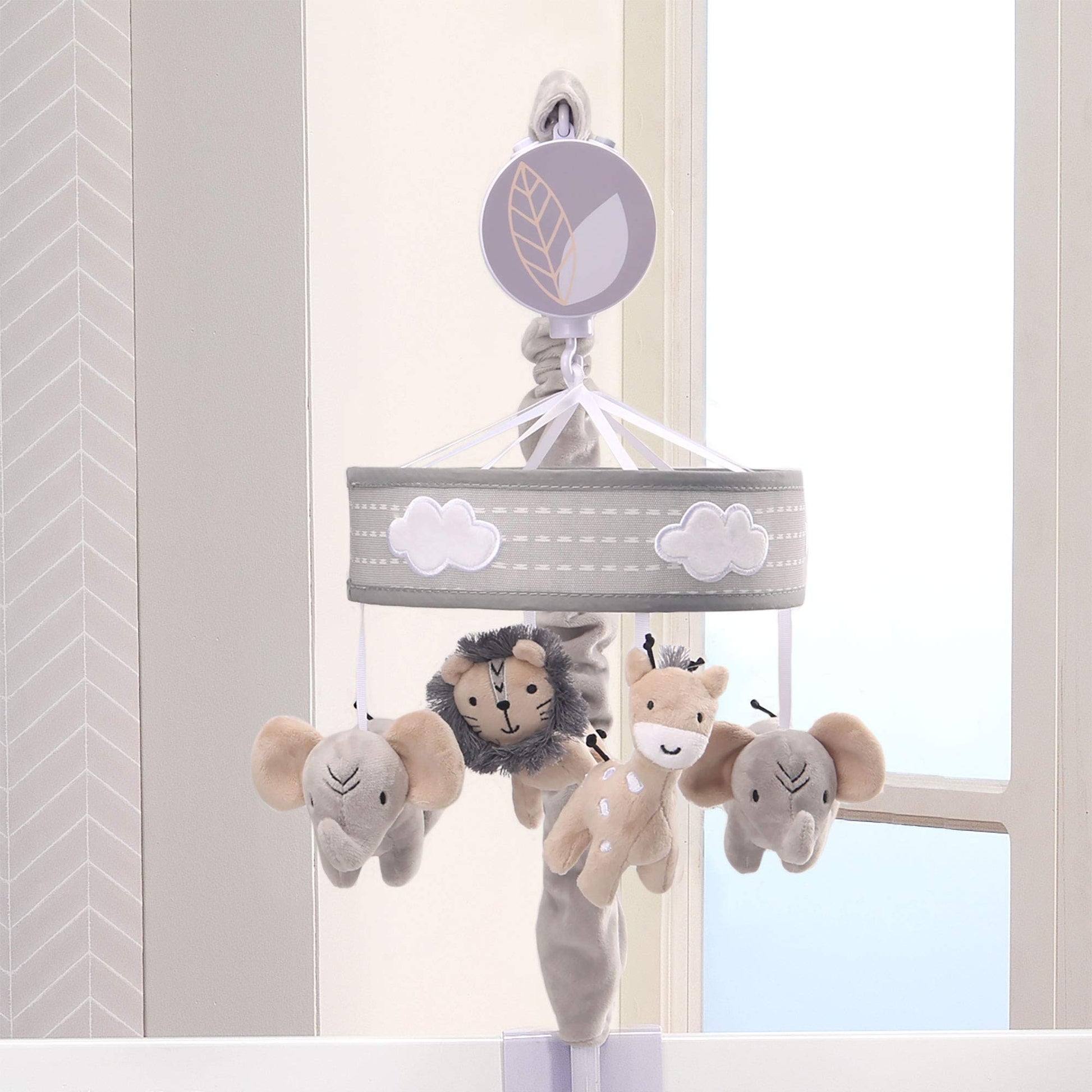 Lambs & Ivy Jungle Safari Musical Baby Crib Mobile - Grey, Beige, White, Animals
