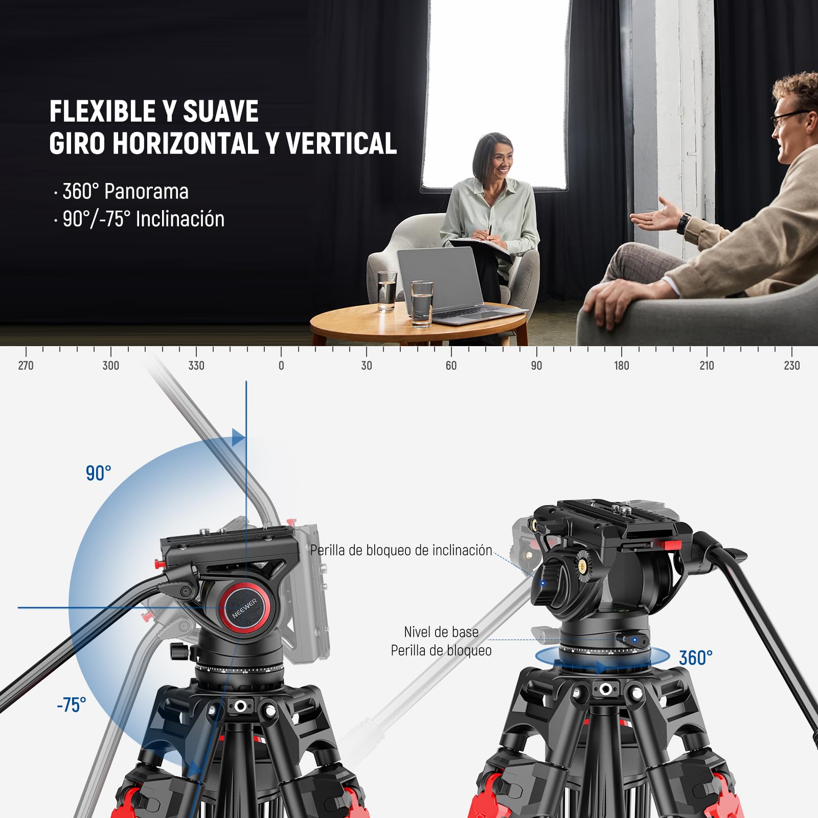 Trípode para Cámara NEEWER Aluminio 76 Pulgadas Cabezal Fluido Amortiguación Ajustable