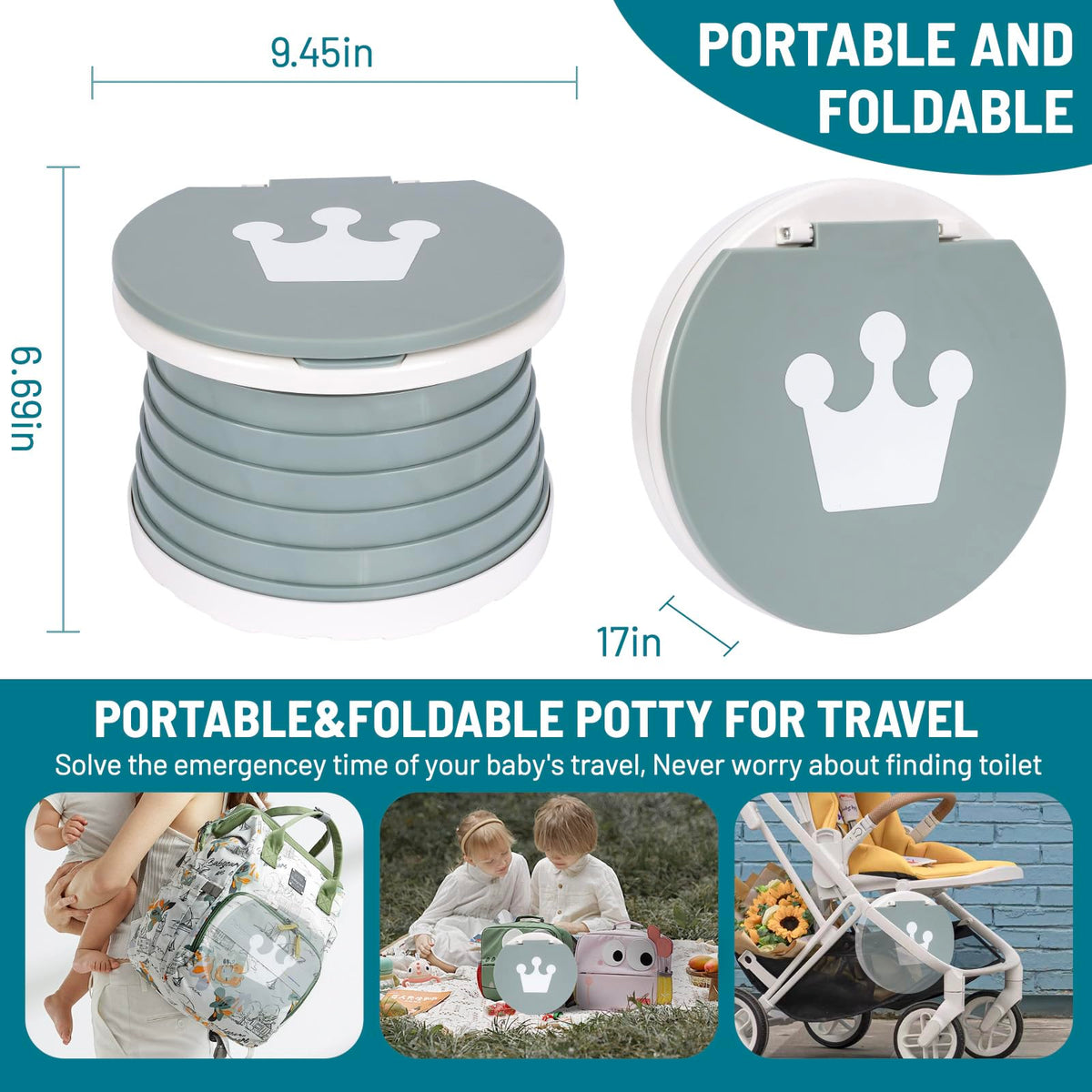 SunnySmile - Asiento de inodoro portátil plegable para niños pequeños, asiento de inodoro de emergencia para coche, camping, exterior, interior (gris, pequeño)