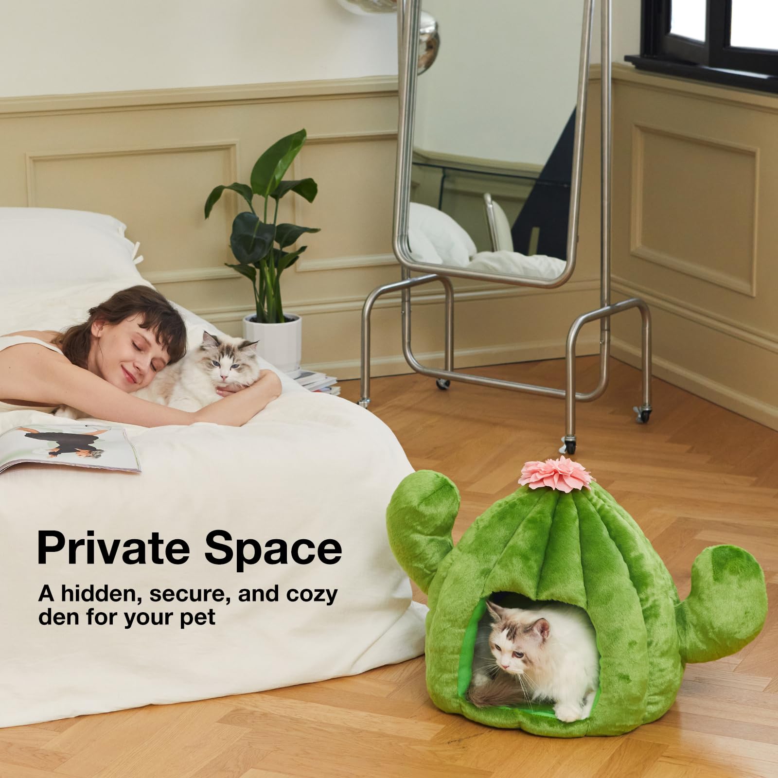 VETRESKA Bonita cama de cactus para gatos y perros, casa de cueva para gatos, cómoda cama para mascotas con cojín de rodar lavable a máquina para gatos, perros, cachorros, gatitos, conejos, cactus verde