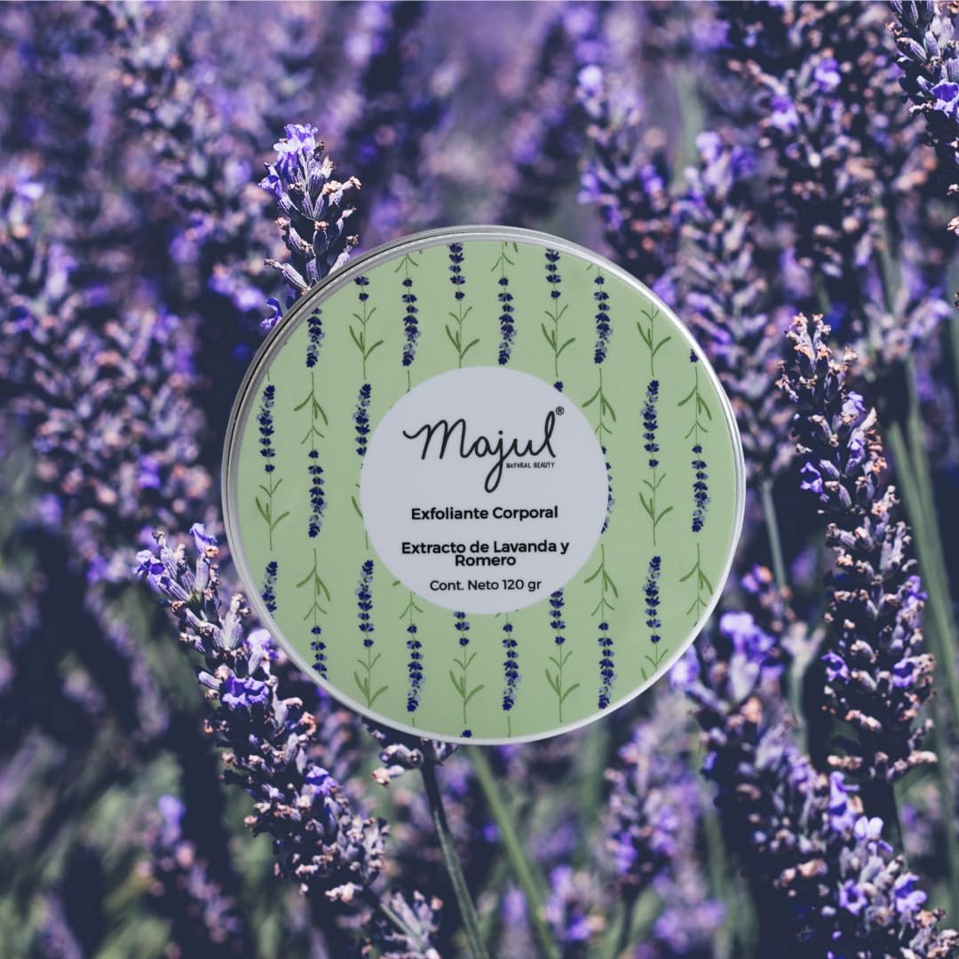 Majul Natural Beauty | Exfoliante Corporal con escencia de Lavanda y Romero, Manteca de Karité y Cacao, Exfoliante natural, presentación 120gr