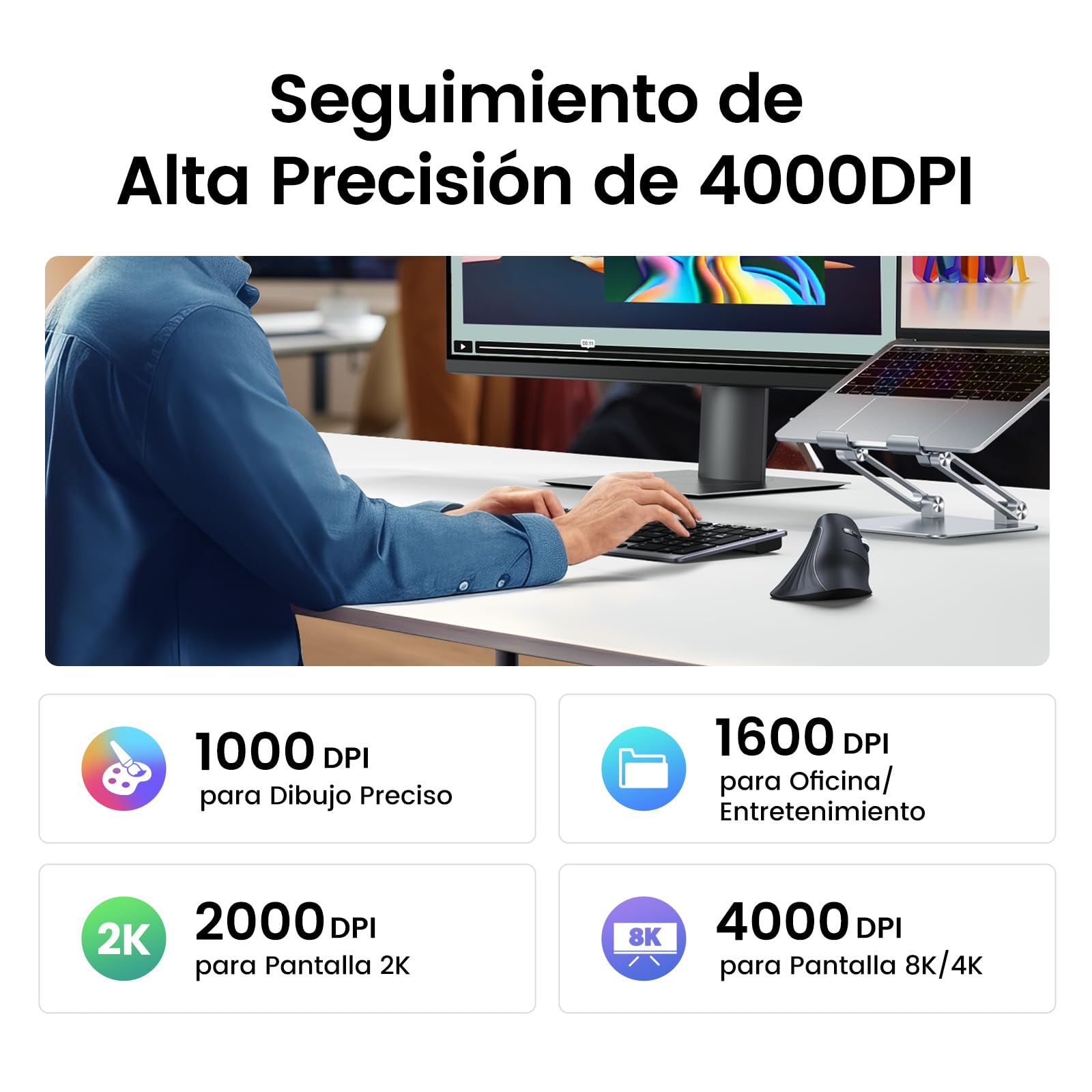 Mouse Ergonómico Inalámbrico UGREEN Negro con 5 Botones y Bluetooth Ideal para Windows, Linux, Mac, Android y Chrome