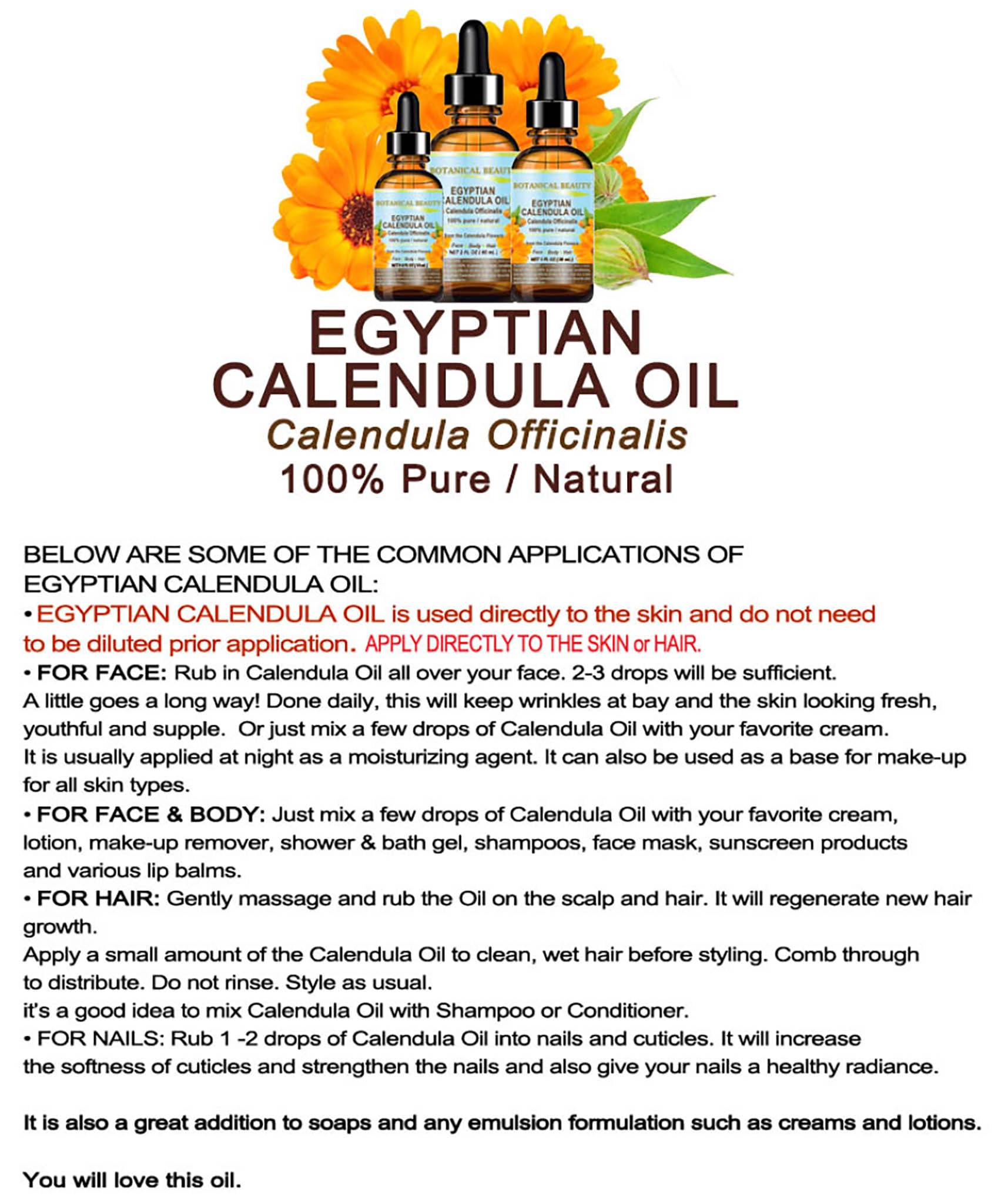 CALENDULA OIL Egyptian Calendula Officinalis Marigold Oil 100% Pure Natural for Face, Skin, Body, Hair, Nail Care 1 Fl.oz.- 30 ml Skin Moisturiser, Antioxidant Serum by