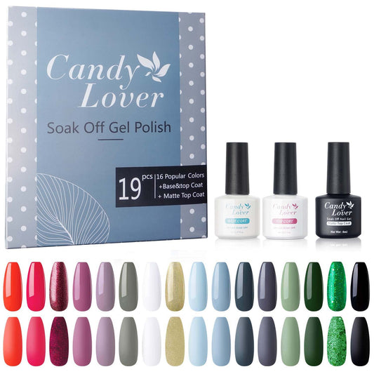 Kit de esmalte de uñas de gel – Candy Lover 16 colores pastel otoño invierno capa base superior mate capa superior juego de iniciación UV LED manicura hogar arte uñas arte rojo púrpura azul verde colección BK-27
