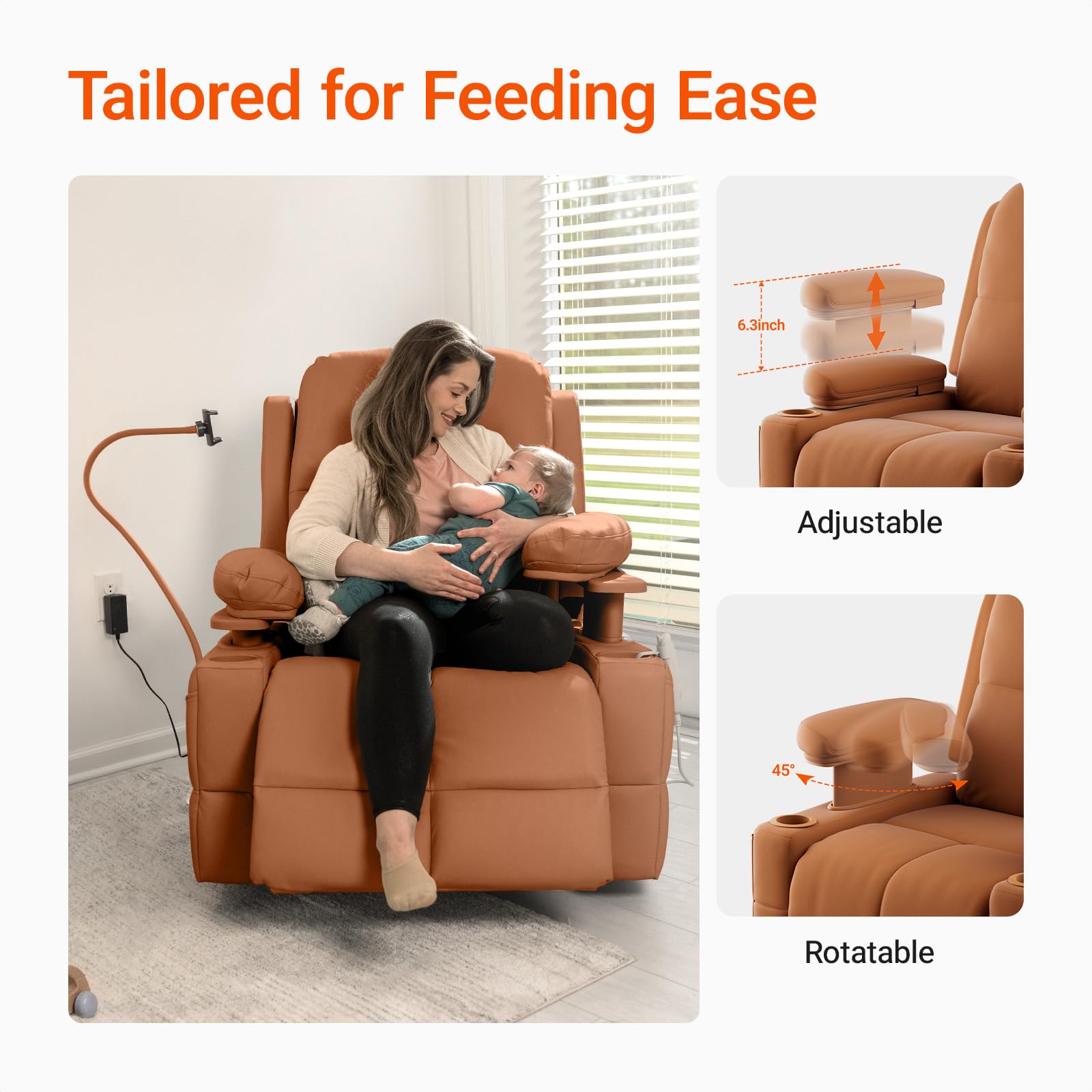 MAMAZING - Silla mecedora para guardería con reposabrazos ajustables, silla reclinable con planeador eléctrico para lactancia, silla reclinable giratoria con puerto USB y almacenamiento, certificado