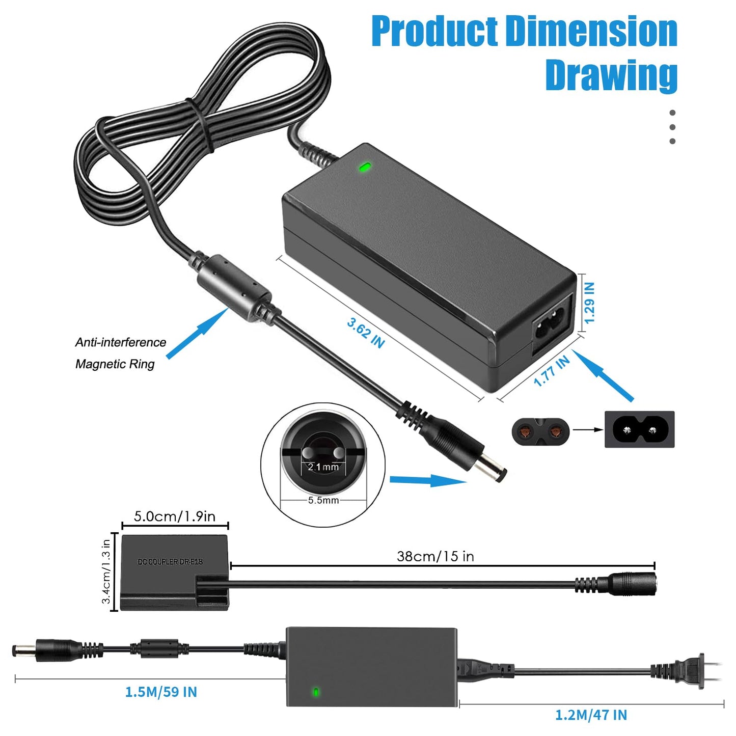 TKDY ACK-E18 AC Power Adapter Suppply DR-E18 DC Coupler Charger Kit for Canon EOS Rebel T6i T6s T7i T8i SL2 SL3 750D 760D 800D 850D 77D 200D 250D Kiss X8i X9i X10i 8000D 9000D RP Cameras.