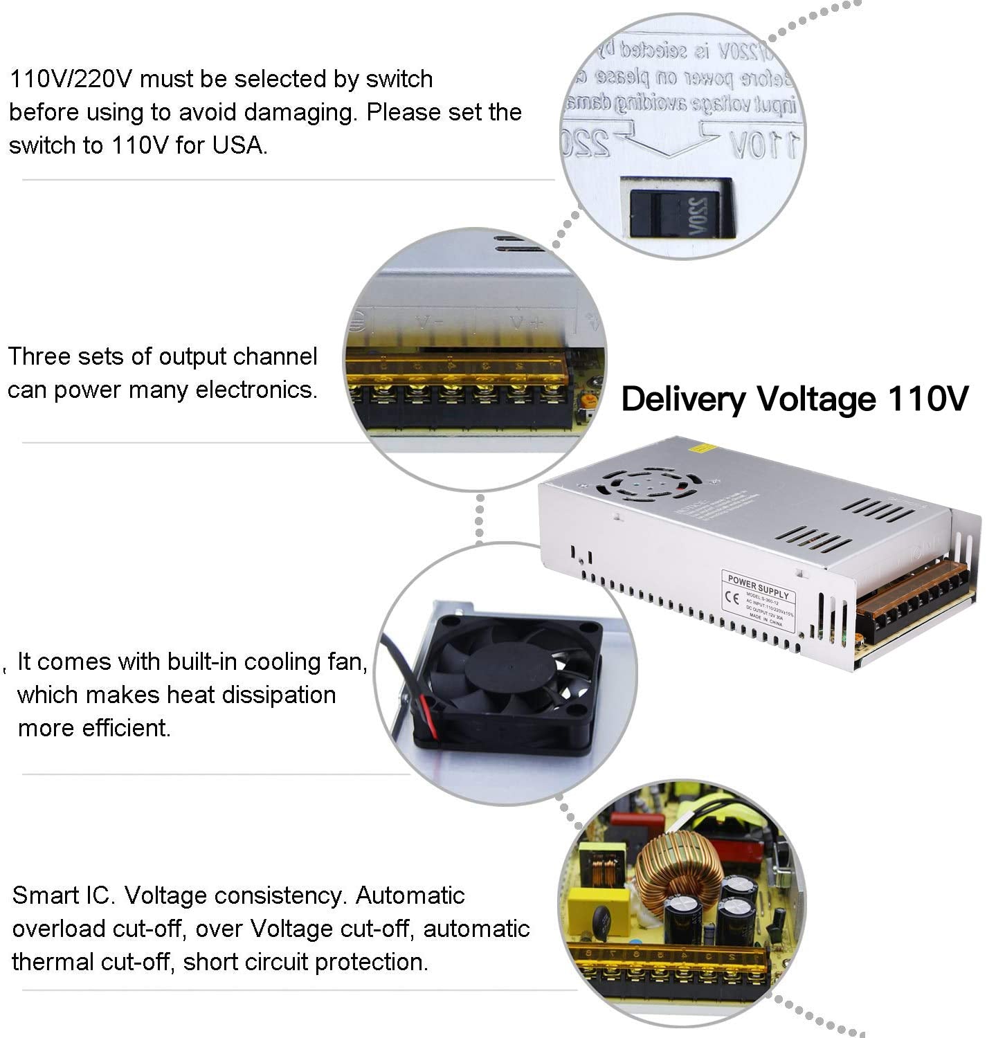 GESD Fuente de alimentación DC 12V 30A 360W Universal conmutación regulada Convertidor AC a DC AC110V/220V (SMPS) Transformador Adaptador para tiras de luz LED, sistema de seguridad de cámara de
