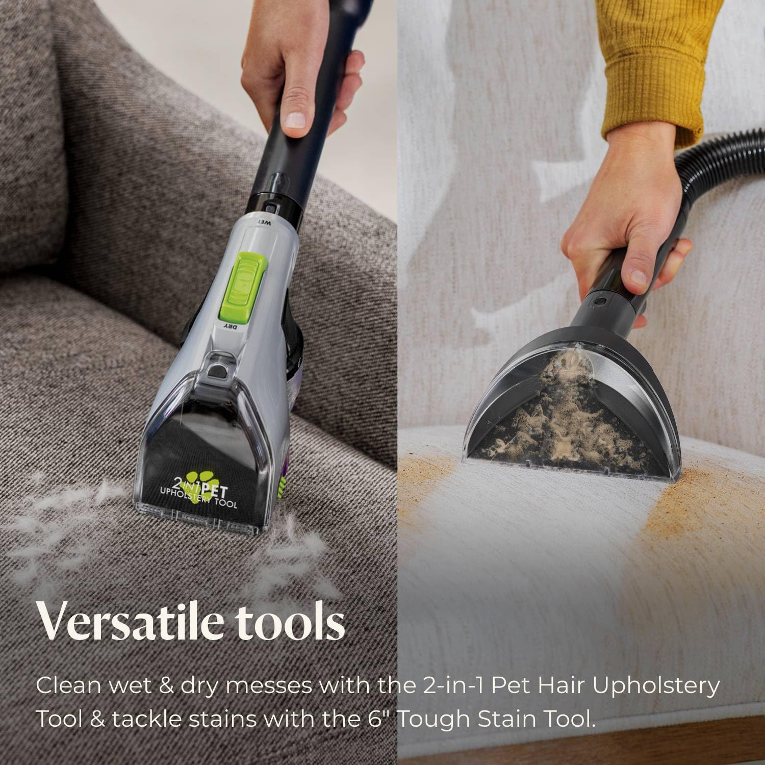 BISSELL Revolution HydroSteam Limpiador de alfombras para mascotas, limpiador profundo vertical, tecnología HydroSteam, herramienta de tapicería para mascotas 2 en 1 y fórmulas incluidas, 3432