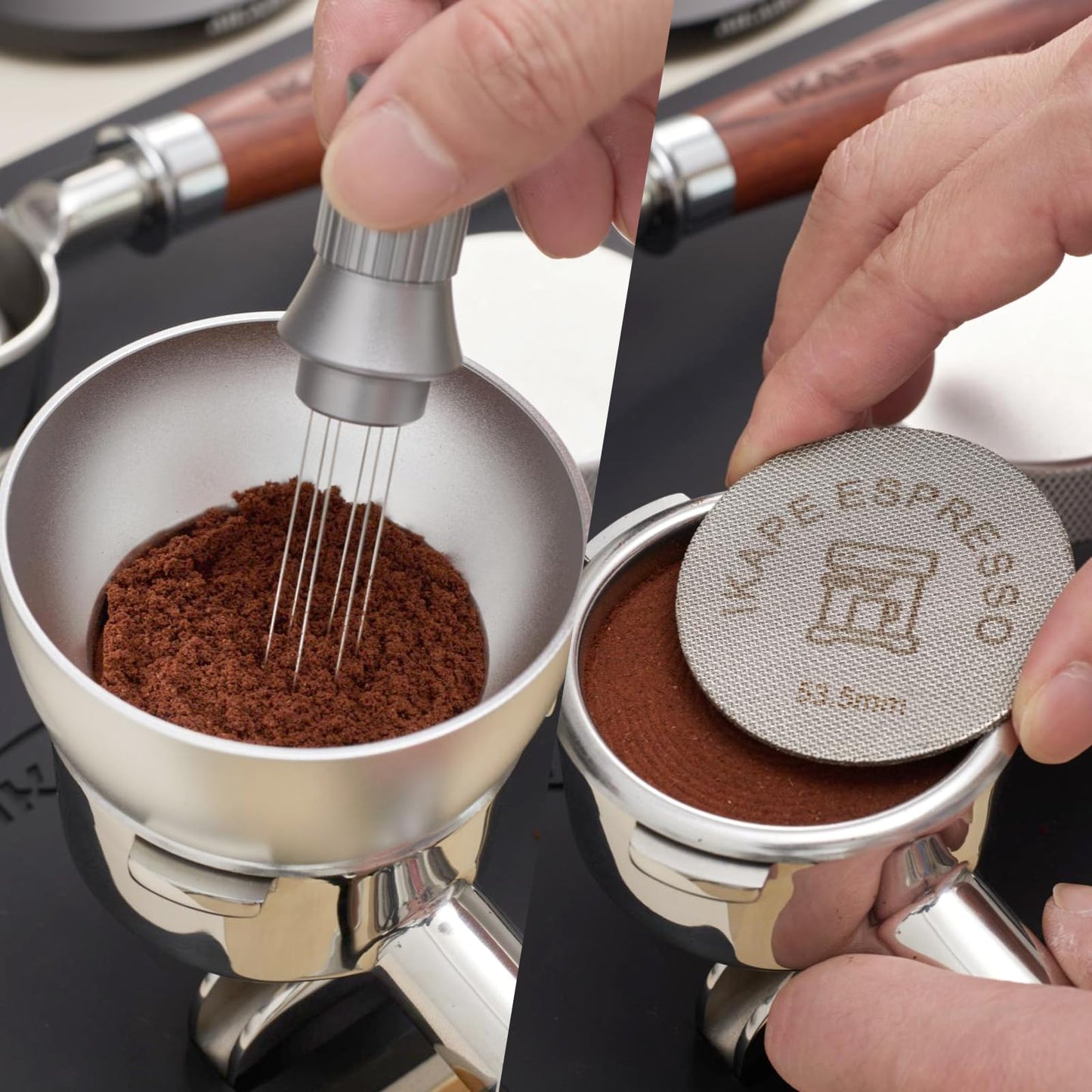 IKAPE - Juego de embudo de dosificación magnética, anillo de dosificación espresso de 53 mm y kit de visualización de disco compatible con portafiltro Delonghi de 54 mm sin fondo - con 8 imanes pequeños (plata)