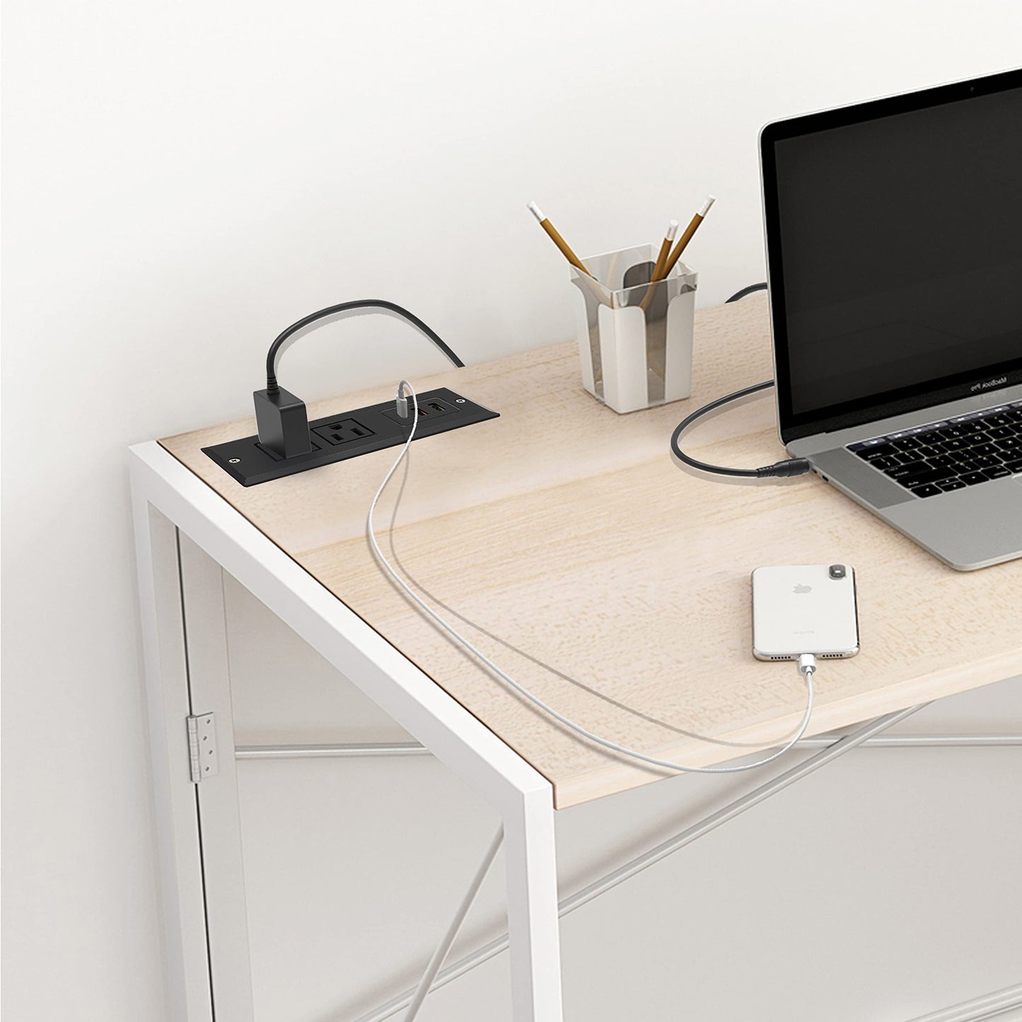 4 LEAF Regleta Multicontacto Escritorio USB C 20W PD Carga Rápida, Tira de Alimentación Empotrable Tipo C 2 Contactos 3 USB Muebles Outlet para Mesa Sofá Console Cajon Encimera 2 Metros Negro