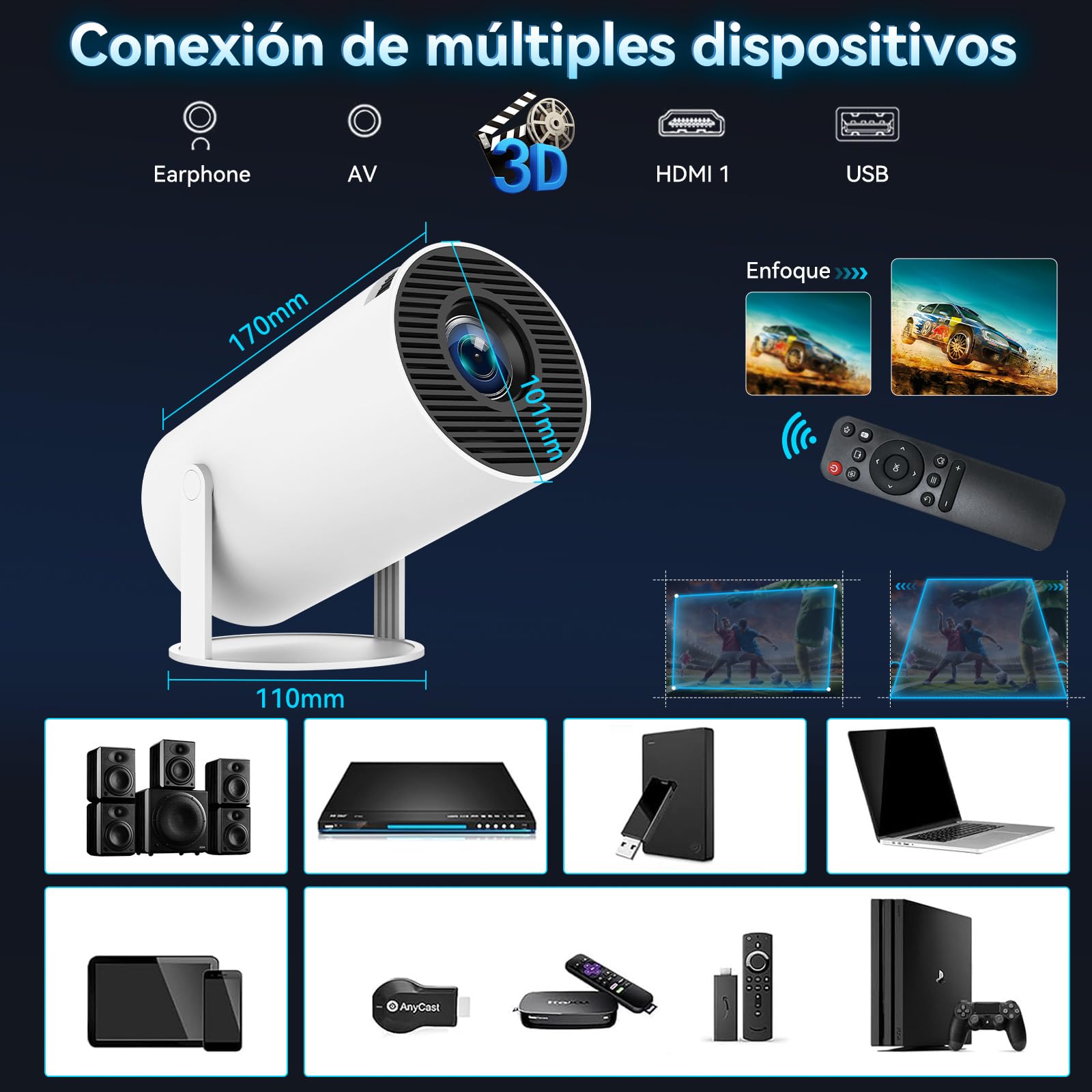 Proyector Portátil HY300 Pro 4K Blanco con Pantalla de 150 Pulgadas y WiFi 6