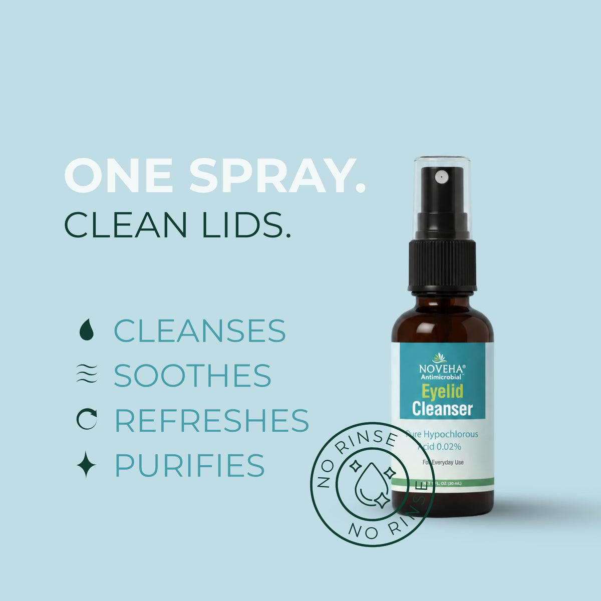NOVEHA Limpiador de Párpados y Pestañas | Alivio Efectivo de Irritación, Ojos Secos, Orzuelos y Blefaritis, Ácido Hipocloroso Puro y Suave 0.02% Spray 120Ml (4Oz)
