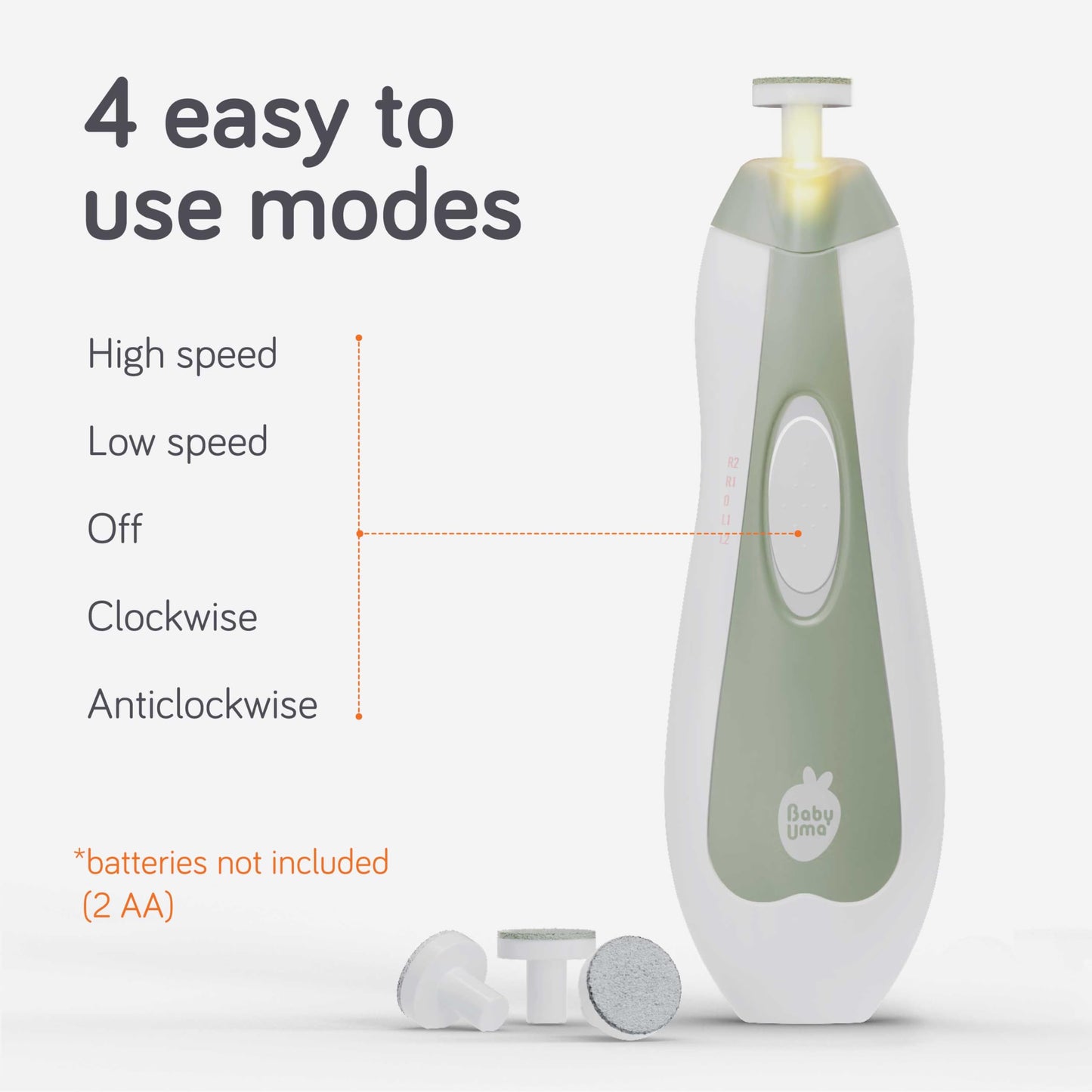Baby Uma - Cortaúñas LED para bebé, cortaúñas de seguridad automática, lima eléctrica bidireccional con 2 velocidades y 6 discos de archivado, esenciales para recién nacidos (+ estuche de viaje)